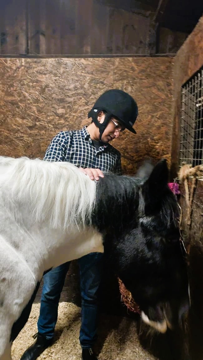 Piyush grooming a piebald horse in a stable